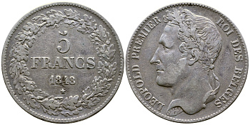 Бельгия 5 франков 1848 Леопольд I (1831-1865), в венке KM 3.2 серебро 74-1015