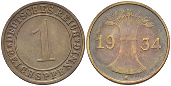 ГЕРМАНИЯ 1 РЕЙХСПФЕННИГ 1934 E KM 37, J. 313, Weege 2 бронза 206-844