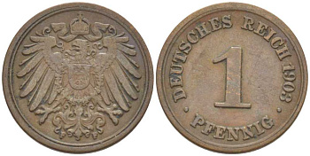 ГЕРМАНИЯ 1 ПФЕННИГ 1903 F KM 10, J. 10, Weege 2 медь 211-268