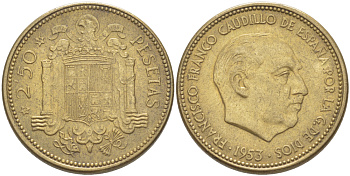 ИСПАНИЯ 2 1/2 ПЕСЕТЫ 1953 (54) ФРАНСИСКО ФРАНКО ДИКТАТОР ИСПАНИИ ( 1939- 1975) KM 785 алюминиевая бронза 216-434