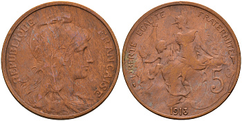 Франция 5 сантимов 1913 тип Дюпюи KM 842 бронза 4116-441