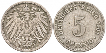 ГЕРМАНИЯ 5 ПФЕННИГОВ 1901 A, KM 11, J. 12 медно-никель 73-655