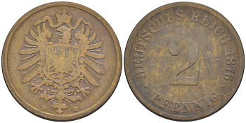 ГЕРМАНИЯ 2 ПФЕННИГА 1876 D, СТАРОГЕРБОВКА KM 2, J. 2, Weege 3 медь 212-622