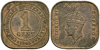 Британская Малайя 1 цент 1945 Георг VI (1937-1952) KM 6 бронза 4167-825