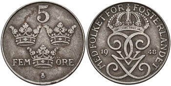 Швеция 5 эре 1948 Густав V (1907-1950) KM 812 железо 4565-233