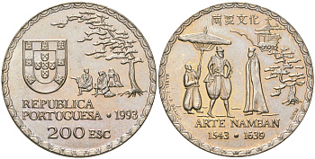 Португалия 200 эскудо 1993 450 лет искусству намбан KM 668 медно-никель UNC 4677-124