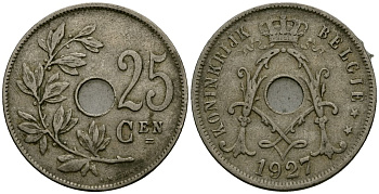 Бельгия 25 сантимов 1927 Belgie KM 69 медно-никель 4131-346