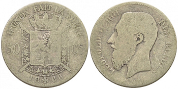 БЕЛЬГИЯ 50 САНТИМОВ 1866 BELGES, ЛЕОПОЛЬД II KM 26 серебро 116-731