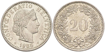 Швейцария 20 раппенов 1985 KM 29a медно-никель 55-1021