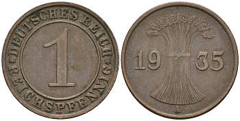 Германия 1 рейхспфенниг 1935 A KM 37, J. 313 бронза 4528-427