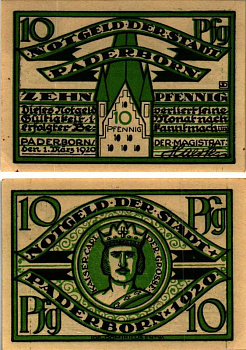 ПАДЕБОРН 10 ПФЕННИГОВ 1920 1 МАРТА 1920, НТГЕЛЬД, ЗЕМЛЯ СЕВЕРНЫЙ РЕЙН-ВЕСТФАЛИЯ Keller P1.1 бумага 6318-25-3-1