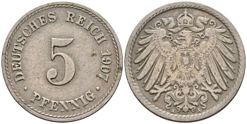 Германия 5 пфеннигов 1907 A KM 11, J. 12 медно-никель 4151-461