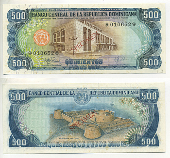 Доминиканская Республика 500 песо 1978 образец, SPECIMEN Pick 123s1 бумага UNC (пресс) 000-00-00