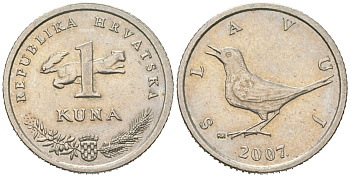 Хорватия 1 куна 2007 западный соловей, легенда на хорватском KM 9.1 медь цинк никель aUNC 4448-915