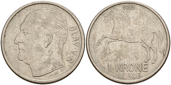 Норвегия 1 крона 1963 Улаф V (1958-1991), лошадь KM 409 медно-никель    4601-1036