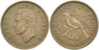 Новая Зеландия 1 пенни 1946 Георг VI (1936-1952), новозеландский туи KM 13 бронза 32-426