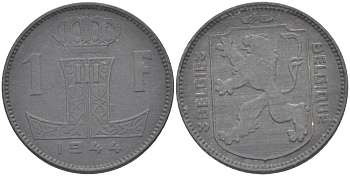 БЕЛЬГИЯ 1 ФРАНК 1944 BELGIQUE-BELGIE KM 127 цинк 4546-233