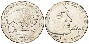 США 5 ЦЕНТОВ 2005 D, СЕРИЯ 200 ЛЕТ ЭКСПЕДИЦИИ ЛЬЮИСА И ЛАРКА - БИЗОН, ИЗ РОЛЛА KM 368 медно- никель UNC M32-14