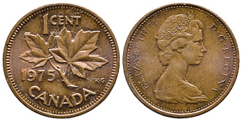 Канада 1 цент 1975 Елизавета II (1952-2022), кленовый лист KM 59.1 бронза 177-1013