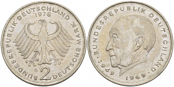 ФРГ 2 МАРКИ 1978 G, КОНРАД АДЕНАУЭР KM 124, J. 406 медно-никель плакированный никелем 3718-1015