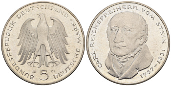 ФРГ 5 марок 1981 G, 150 лет со дня смерти Карла фон Штейна KM 155, J. 430 медно-никель плакированный никелем 87-1024