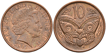 Новая Зеландия 10 центов 2007 маска Маори, Елизавета II (1952-) KM 117а сталь плакированная медью 4579-1252