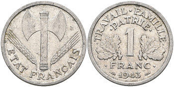 Франция 1 франк 1943 правительство Виши, тип Legere KM 902.1, Le Franc 223.3 алюминий 4116-1223