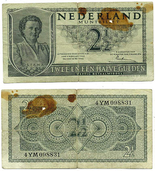 НИДЕРЛАНДЫ 2 1/2 ГУЛЬДЕНА 1949 8 АВГУСТА 1949, КОРОЛЕВА ЮЛИАНА Pick 73 бумага 8612-20-2-1