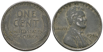 США 1 цент 1943 Авраам Линкольн KM 132 a сталь покрытая цинком 214-845