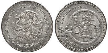 Мексика 20 песо 1980 Мо, культура Майя KM 486 медно-никель 4367-1125