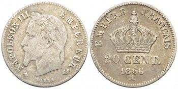 ФРАНЦИЯ 20 САНТИМОВ 1866 А KM 805.1 серебро 105-545