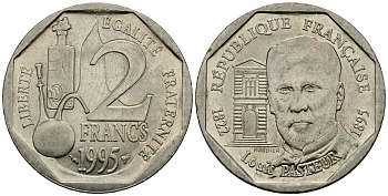 Франция 2 франка 1995 100 лет со дня смерти Луи Пастера KM 1119 никель  4171-1211