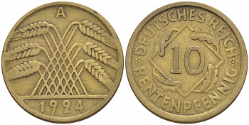 ГЕРМАНИЯ 10 РЕЙХСПФЕННИГОВ 1924 A KM 40, J. 317, Weege 9 алюминиевая бронза 3718-713
