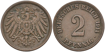Германия 2 пфеннига 1914 А KM 16, J. 11 бронза 4594-369