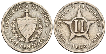 Куба 2 сентаво 1916 KM A10, JMA 28, Y 4 медно-никель 4115-1119