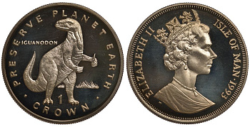 Остров Мэн 1 крона 1993 СЕРИЯ СОХРАНИМ ПЛАНЕТУ ЗЕМЛЯ, ДИНОЗАВР ИГУАНОДОН (IGUANODON) KM 357 медно-никель UNC 00-00