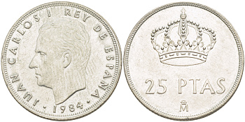 ИСПАНИЯ 25 ПЕСЕТ 1984 ХУАН КАРЛОС I ( 1975-) KM 824 медно-никель XF 4185-823