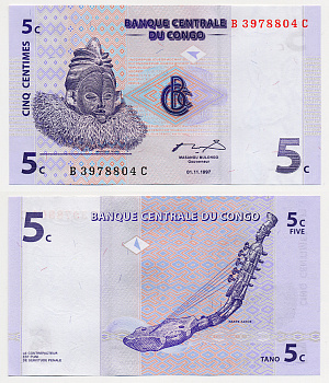 ДР Конго 5 сантимов 1997 маска суку, музыкальный инструмент занде Pick 81 a бумага UNC (пресс) 6280-19-1-1