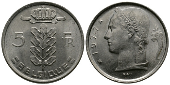 БЕЛЬГИЯ 5 ФРАНКОВ 1977 BELGIQUE KM 134.1 медно-никель 84-852