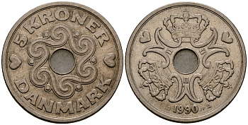 Дания 5 крон 1990 Маргрете II (1973 - 1988) KM 869 медно-никель 4165-934