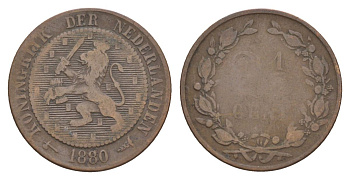 Нидерланды 2 1/2 цента 1880 Виллем III (1849-1890) KM 108 бронза 56-411