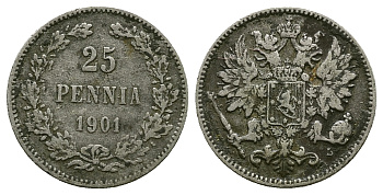 РОССИЯ ДЛЯ ФИНЛЯНДИИ 25 ПЕННИ 1901 L, НИКОЛАЙ II KM 6.2, Биткин 412 серебро 4383-453