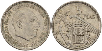ИСПАНИЯ 5 ПЕСЕТ 1957 (72) ФРАНСИСКО ФРАНКО ДИКТАТОР ИСПАНИИ (1939-1975) KM 786 медно-никель 65-1157