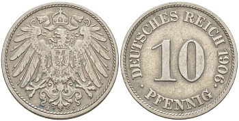 ГЕРМАНИЯ 10 ПФЕННИГОВ 1906 J KM 12, Jager 13, Weege 8 медно-никель 219-126