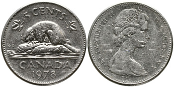 КАНАДА 5 ЦЕНТОВ 1978 ЕЛИЗАВЕТА II (1952-), БОБР, ВТОРОЙ ПОРТРЕТ В КОРОНЕ KM 60.1 никель 4543-647
