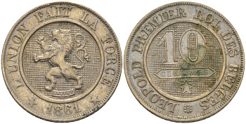 БЕЛЬГИЯ 10 САНТИМОВ 1861 BELGES KM 22 медно-никель 24-342