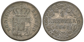 Бавария 1 крейцер 1848 Людвиг I (1825-1848) KM 422, AKS 88 серебро 4668-1218