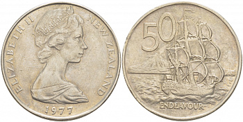 Новая Зеландия 50 центов 1977 Елизавета II (1952-2022), парусник Индевор KM 37.1 медно-никель 215-424
