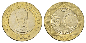 Турция 5 лир 2023 100 лет Турецкой Республики KM NEW биметалл UNC 221-1011