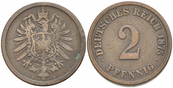 ГЕРМАНИЯ 2 ПФЕННИГА 1875 A, СТАРОГЕРБОВКА KM 2, J.2 медь 4532-533